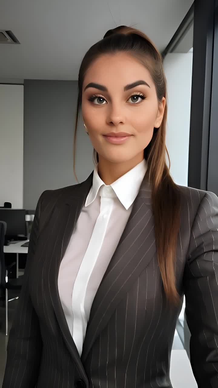 一个女人穿着灰色条纹西装和白色衬衫。她的头发扎成马