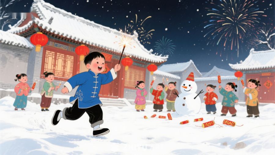 冬夜欢庆，孩童雪中嬉戏 192