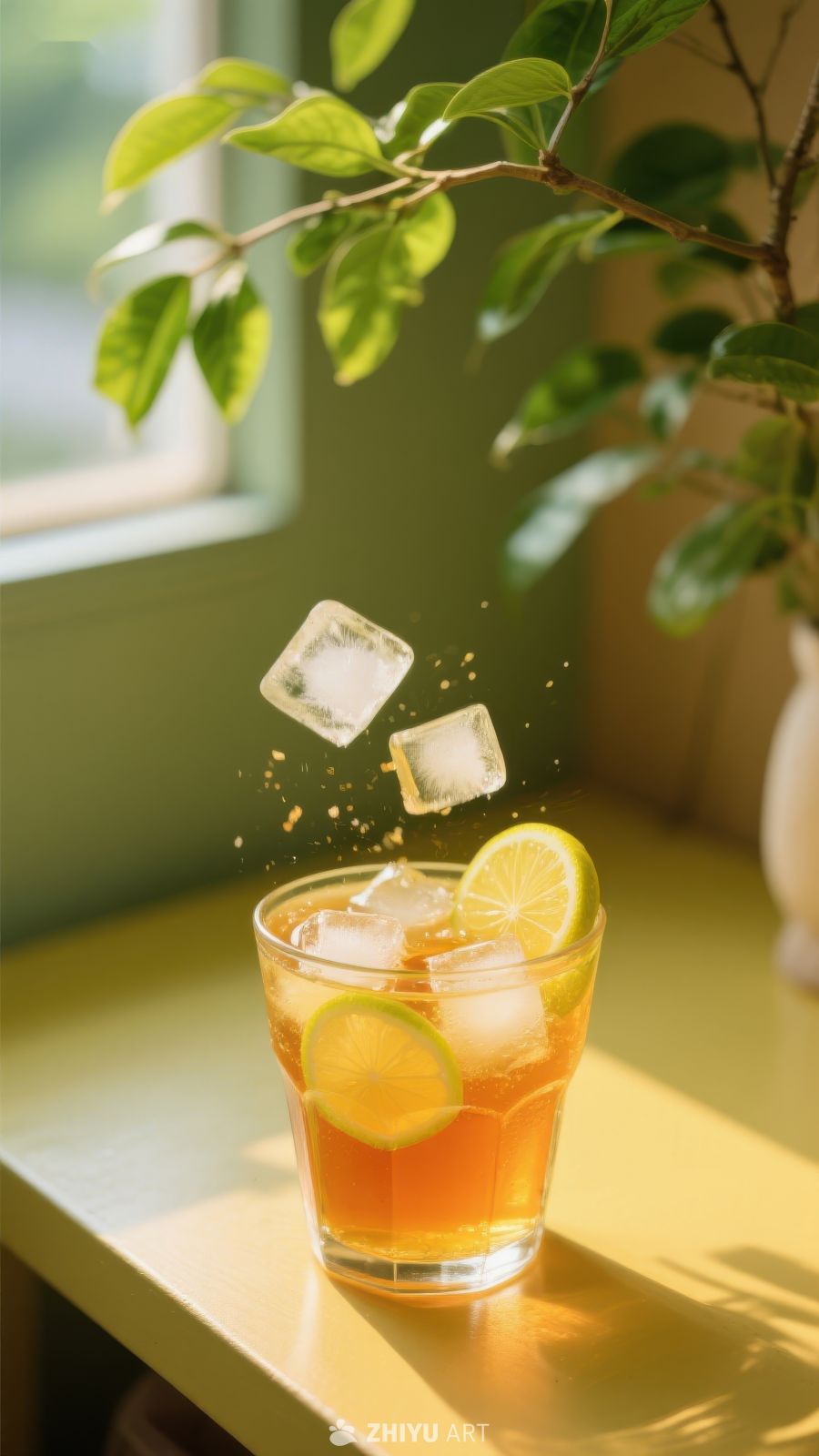 冰块落入柠檬茶的瞬间