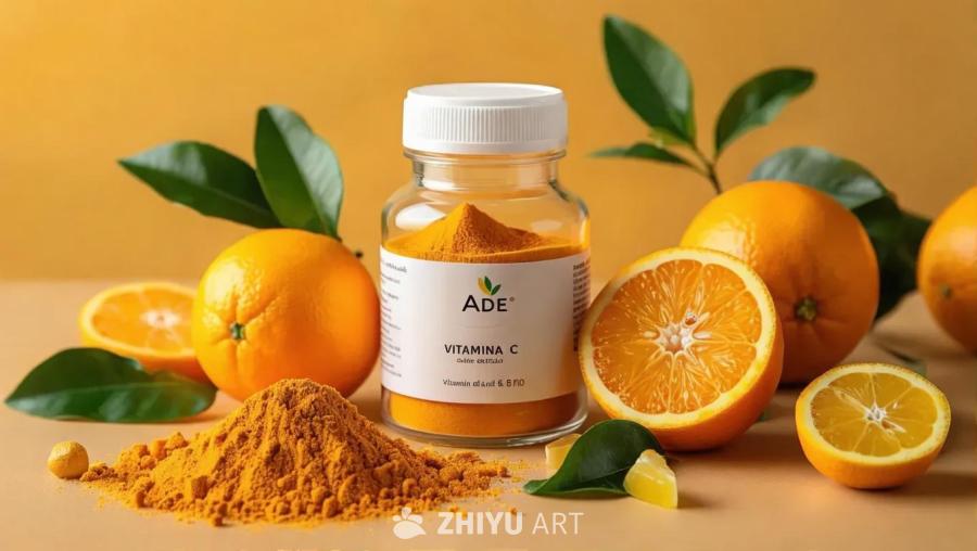 画面中展示了一瓶带有虚构品牌ADE标签的维生素C粉