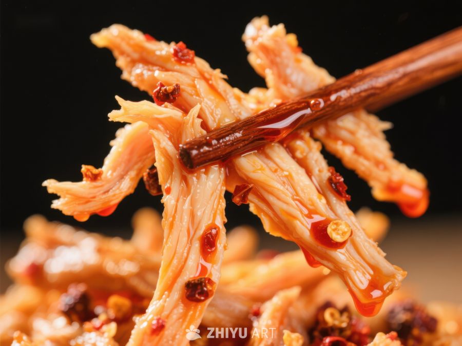 麻辣鸡丝特写，筷子夹取瞬间 912