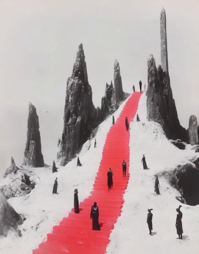 红色阶梯之上，黑袍人物走向尖峰山巅。