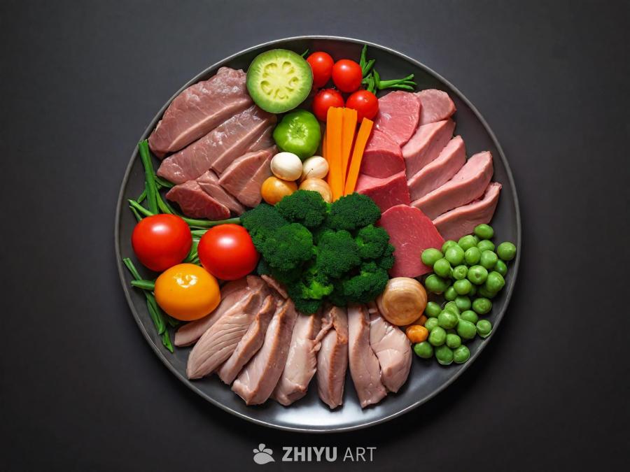 一个盘子里有生的鸡肉、牛肉和蔬菜。盘子里装满了食物