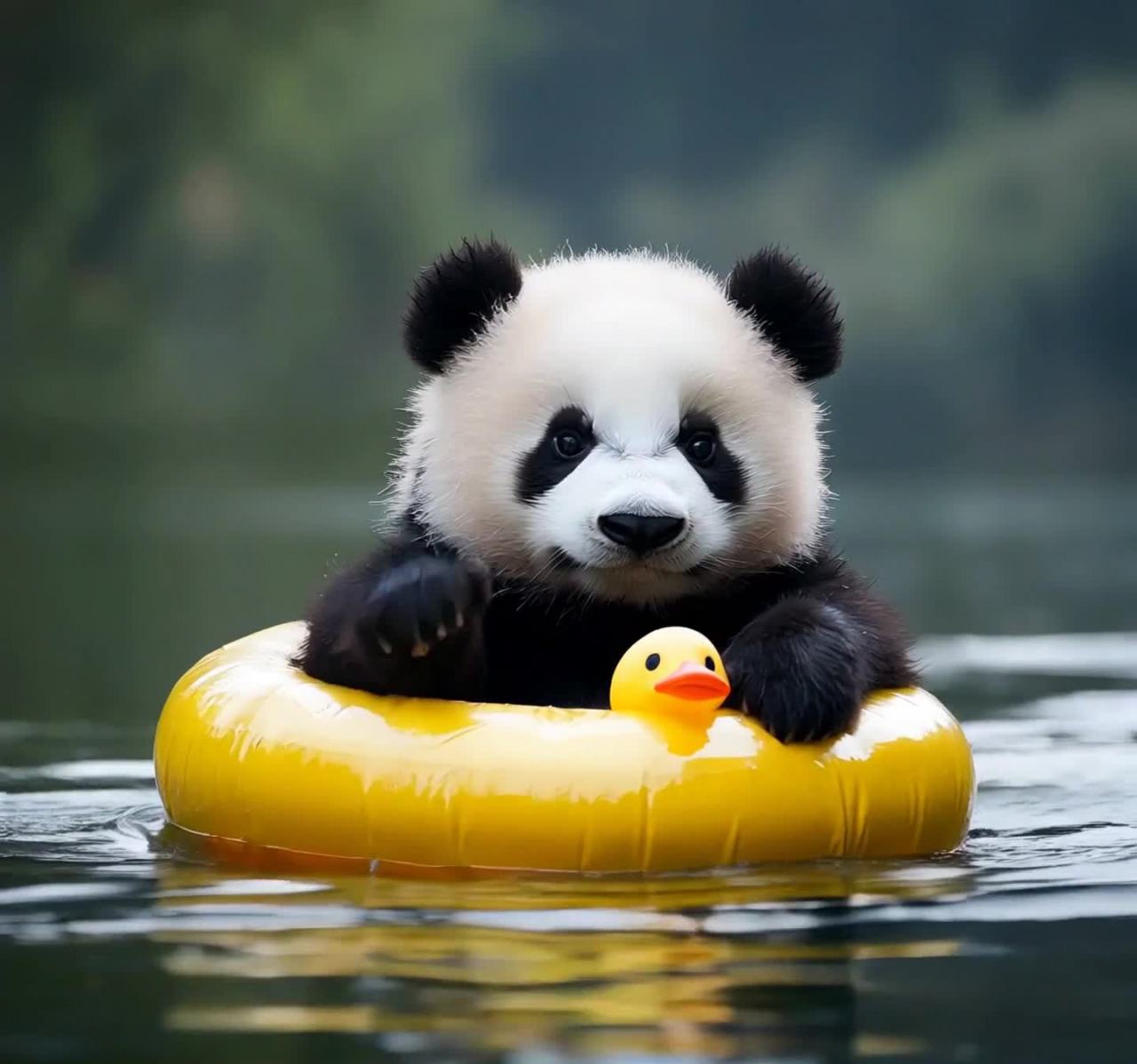 一只熊猫幼崽坐在一个黄色的充气游泳圈里，漂浮在水面