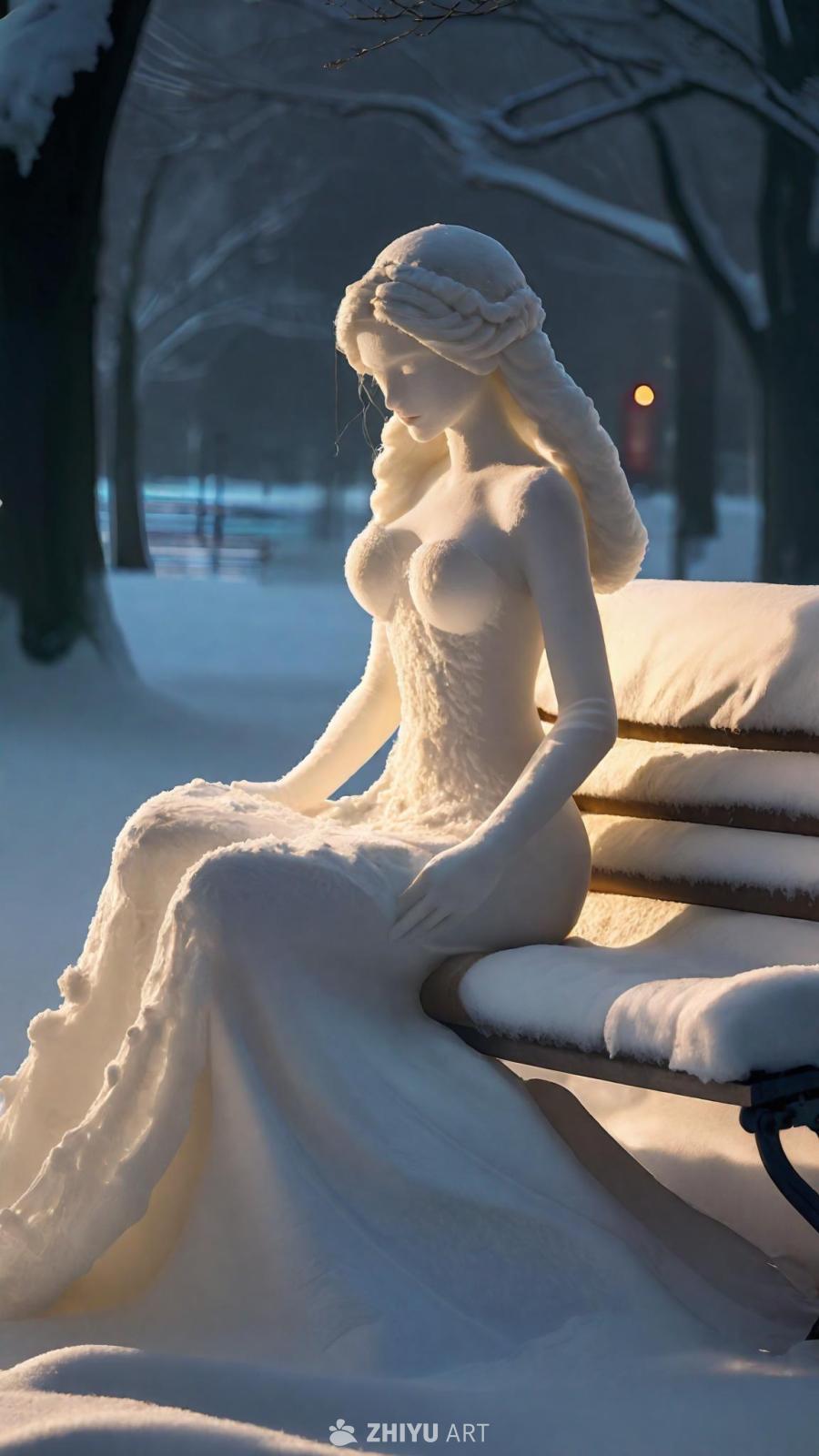 傍晚时分，公园的长椅上坐落着一座新娘的雪雕。雪雕全