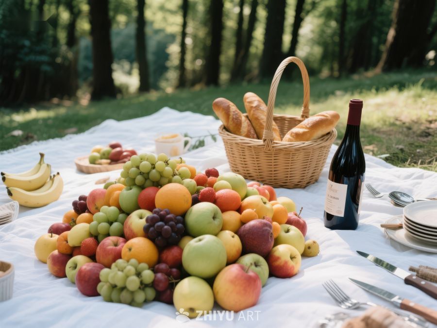 户外野餐布置，水果面包与红酒 289