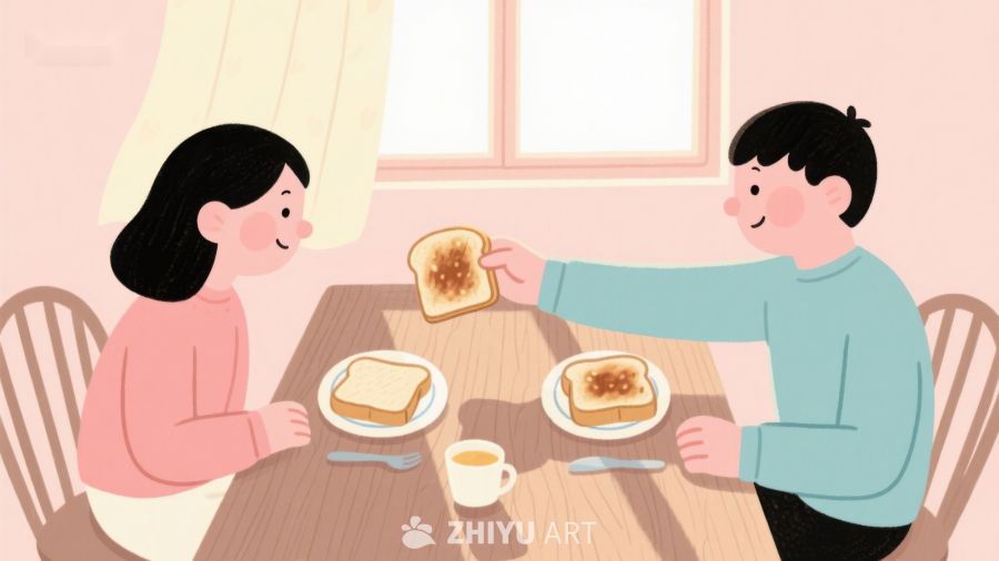 温馨早餐时光：两人共享吐司与咖啡 512