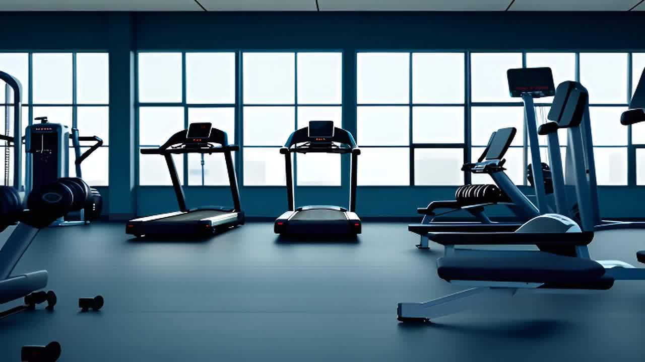 一个空旷的健身房，里面有跑步机和其他健身器械。地面