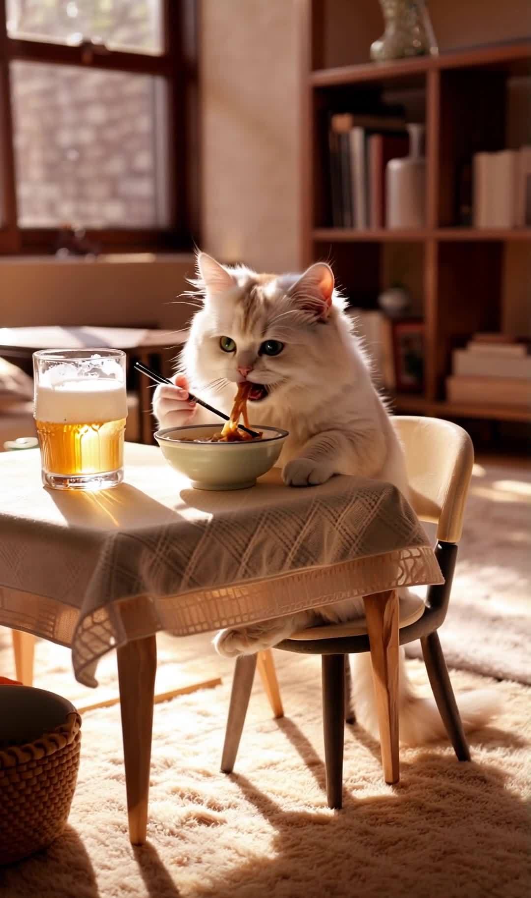 猫咪优雅用餐，桌上有啤酒与美食，光线充足。