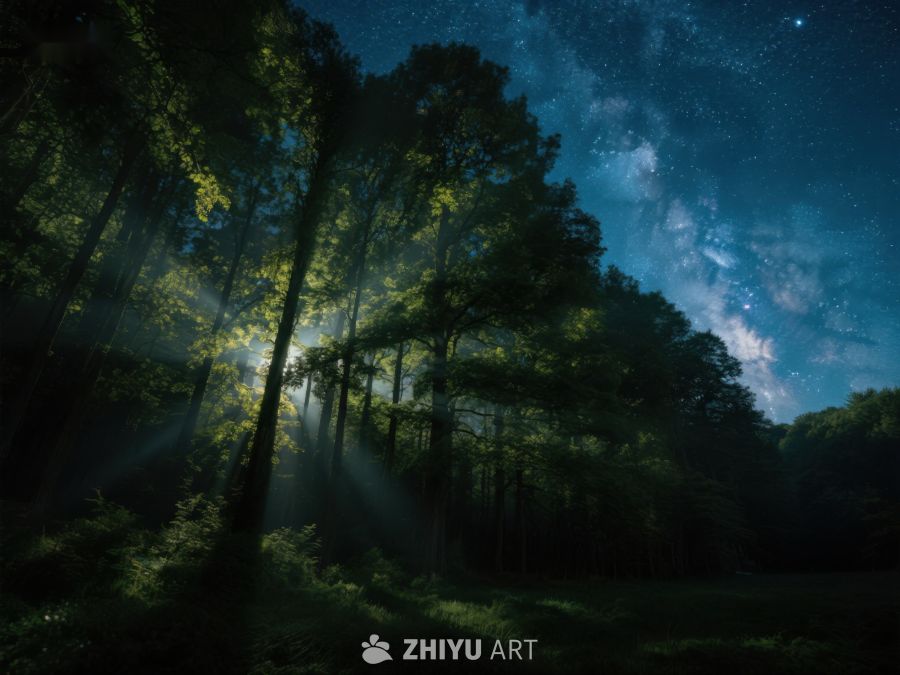 夜空下的森林，星光与树影交织 358