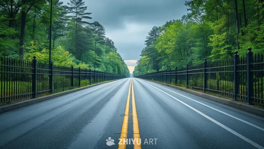 一条笔直的道路延伸向远方，道路中央有两条黄色实线，
