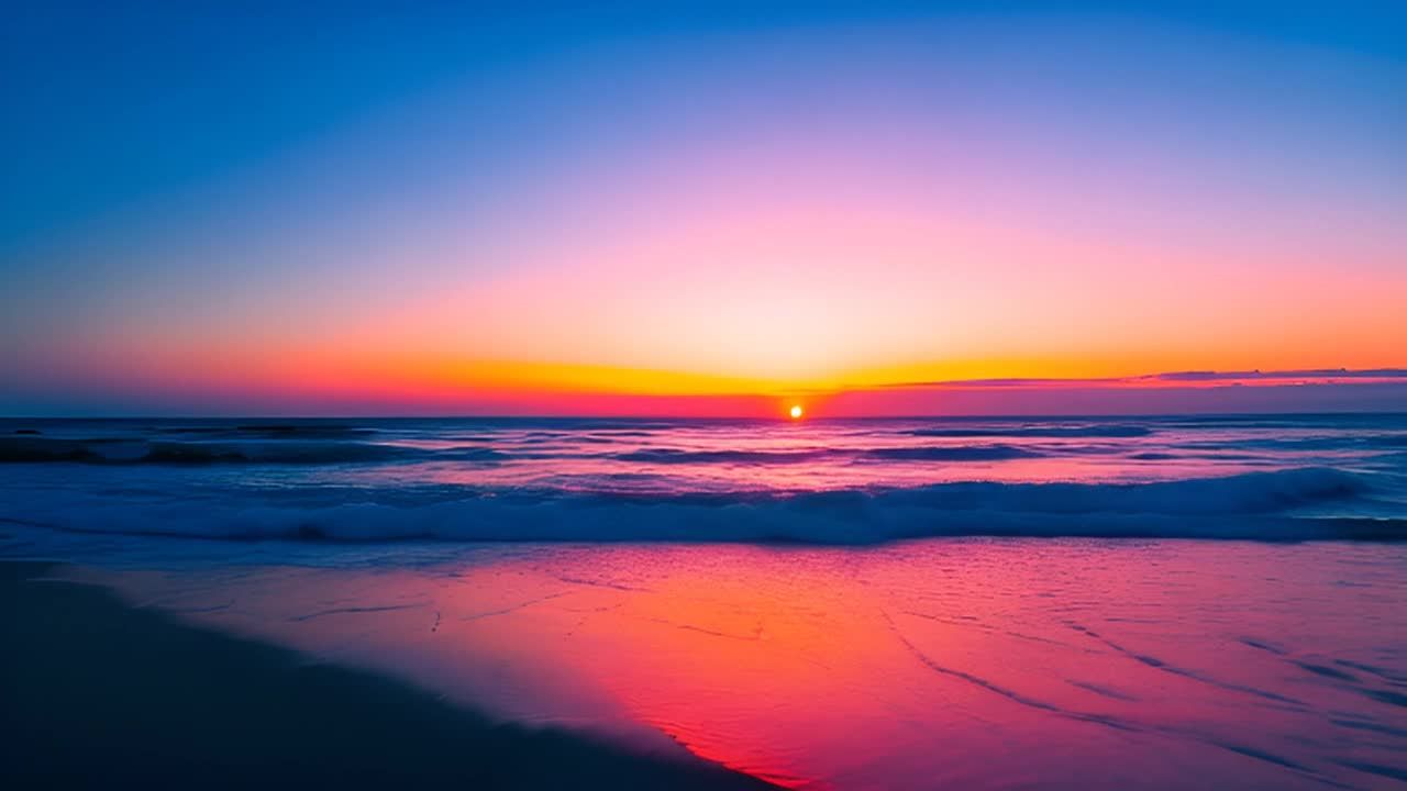 低角度，静态镜头：海洋上美丽的日出场景。天空从深蓝