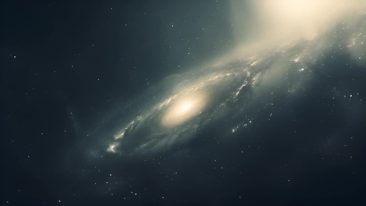 深邃的背景中，一个星系在远处缓慢旋转，其螺旋臂逐渐
