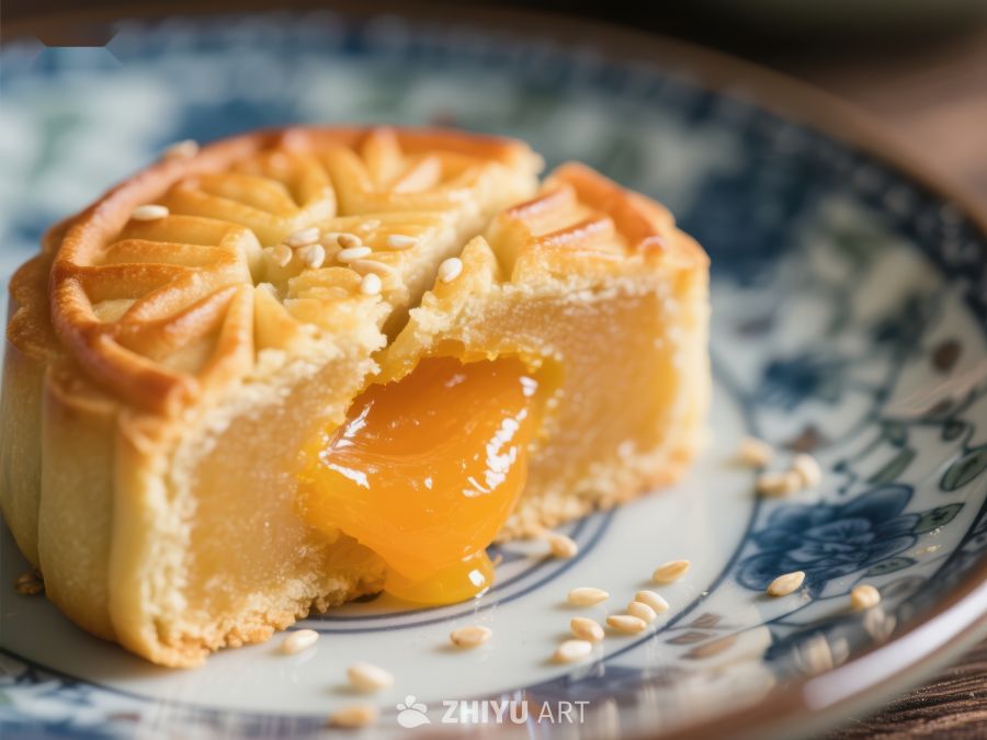 金黄月饼切面，蛋黄馅料诱人 497