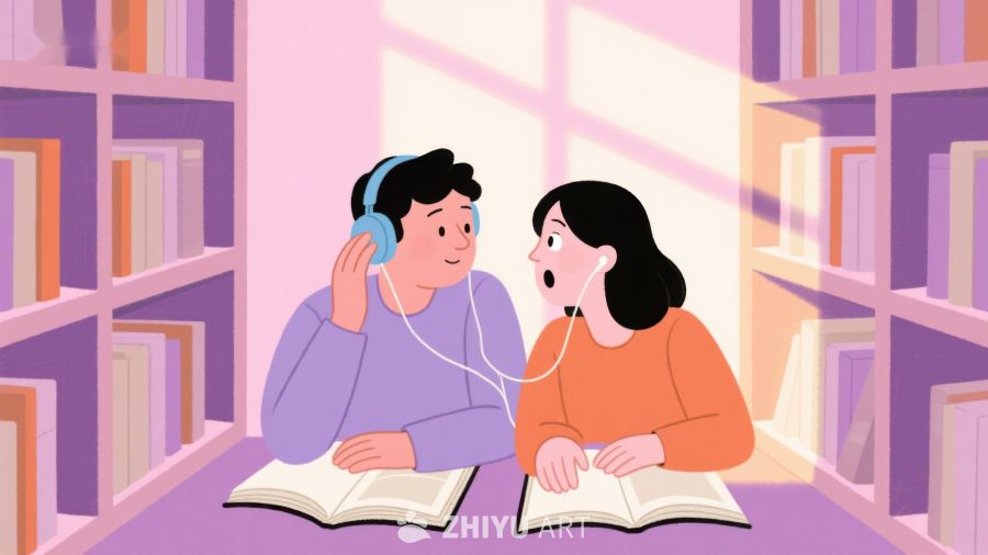 图书馆中共享耳机阅读的两人 334