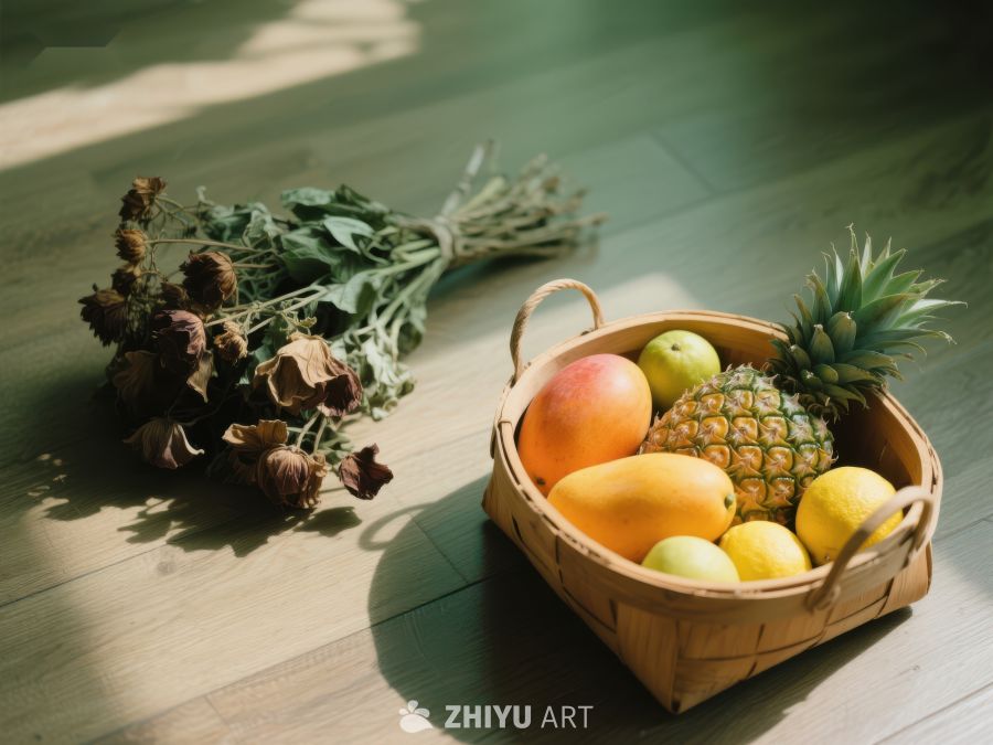 阳光下的水果篮与干花 664