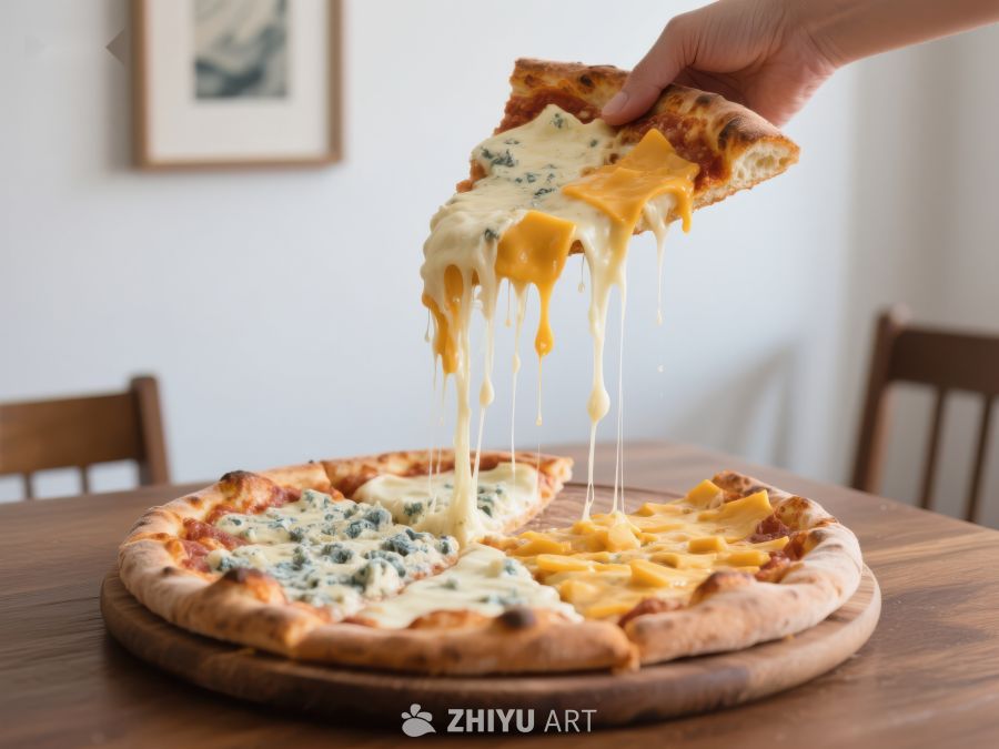 美味披萨，拉丝奶酪特写