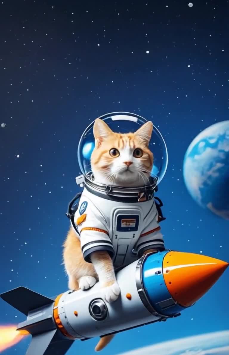 猫宇航员乘坐火箭探索太空，星球点缀星空。