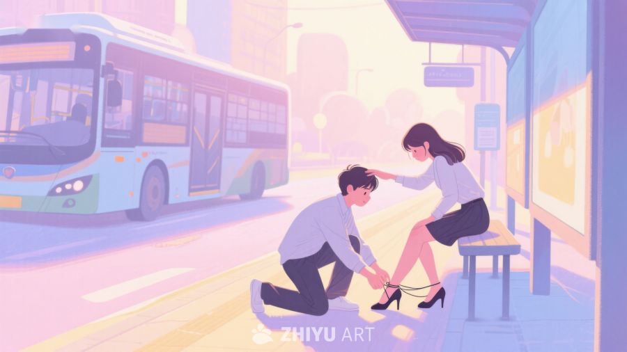 公交站旁，男子为女子系鞋带 203