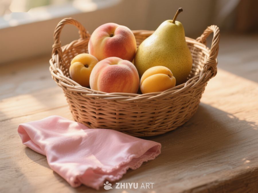 篮子里的水果与粉色布料 218