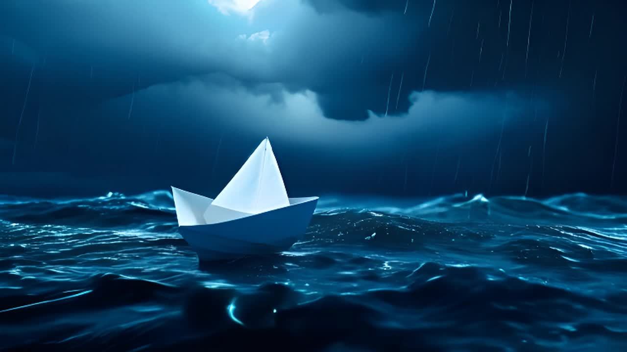 在汹涌澎湃的海面上，有一艘白色的纸船漂浮着。天空乌
