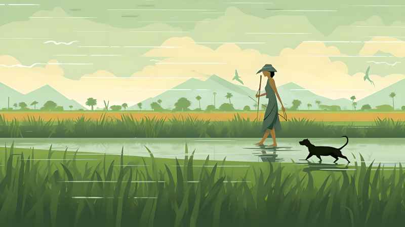 妇女站在稻田与狗，绿色插画风格 7