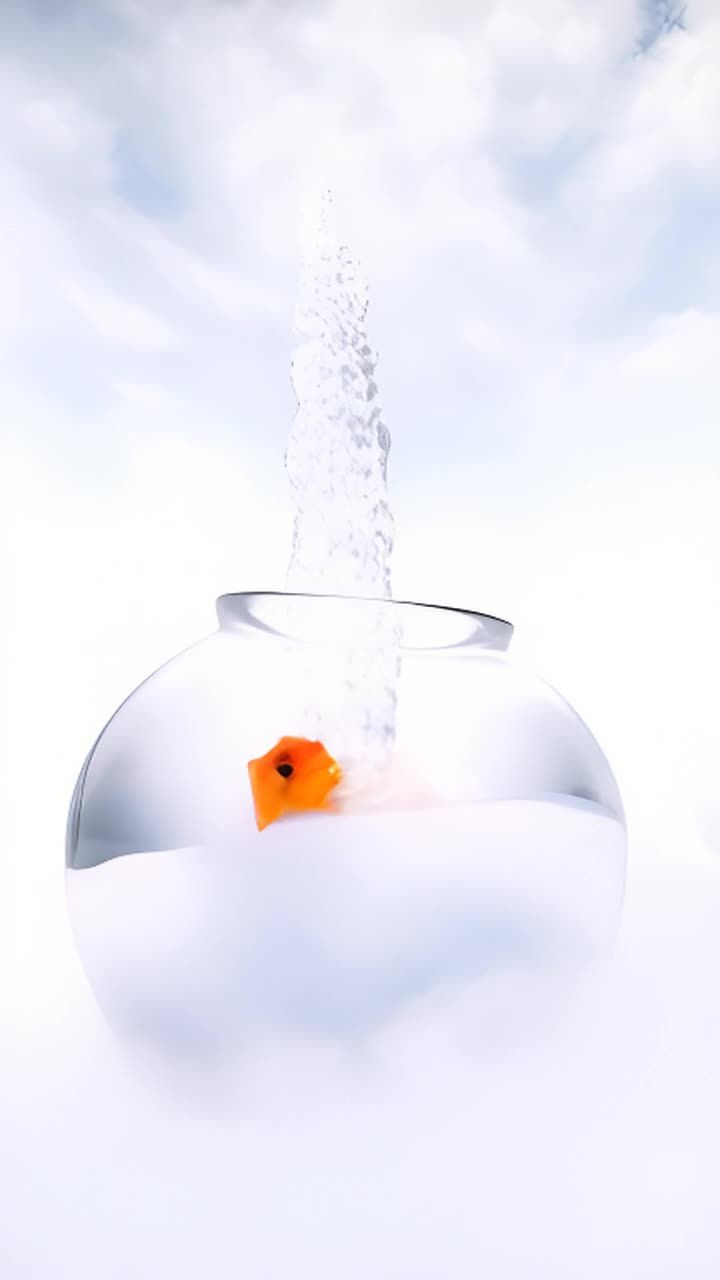 一个鱼缸倾斜，水向上方涌出，形成一条漂浮的水流。一