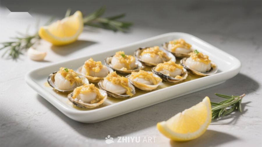 新鲜扇贝配柠檬与香草