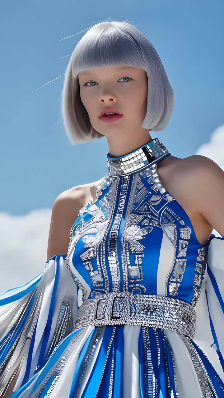 一位女性模特穿着蓝白相间的华丽裙子，裙子装饰有亮片