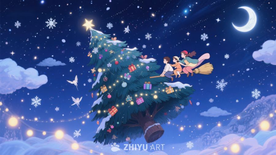 夜空中的圣诞树与飞翔的孩子 468
