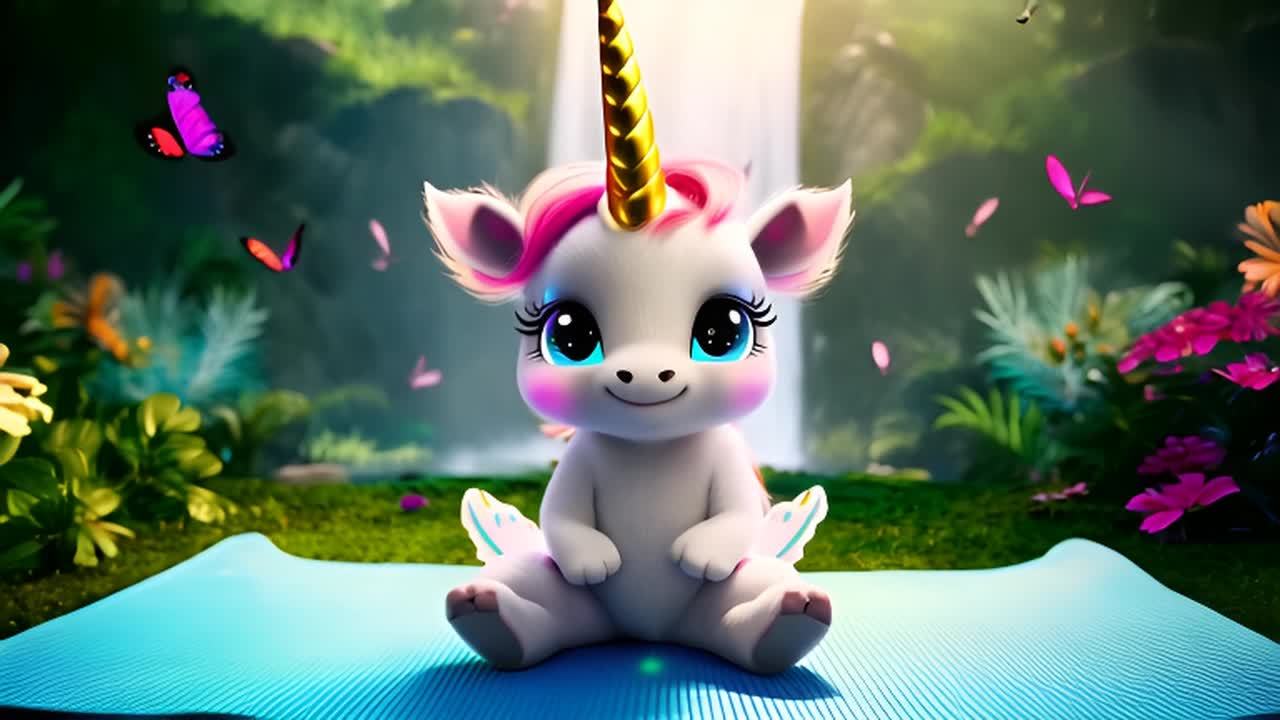 一只可爱的独角兽宝宝坐在瑜伽垫上，它有着闪闪发光的