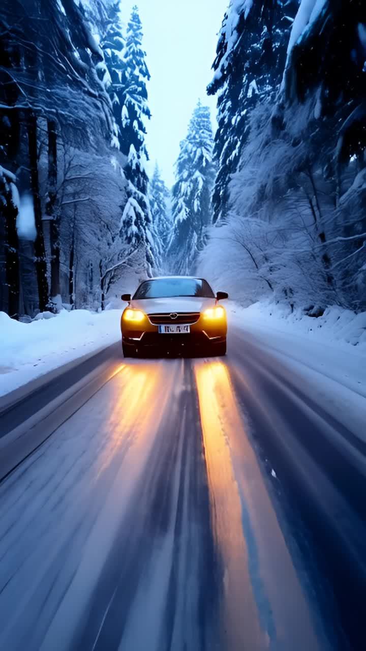 一辆汽车行驶在被厚雪覆盖的狭窄道路上，道路两旁是茂