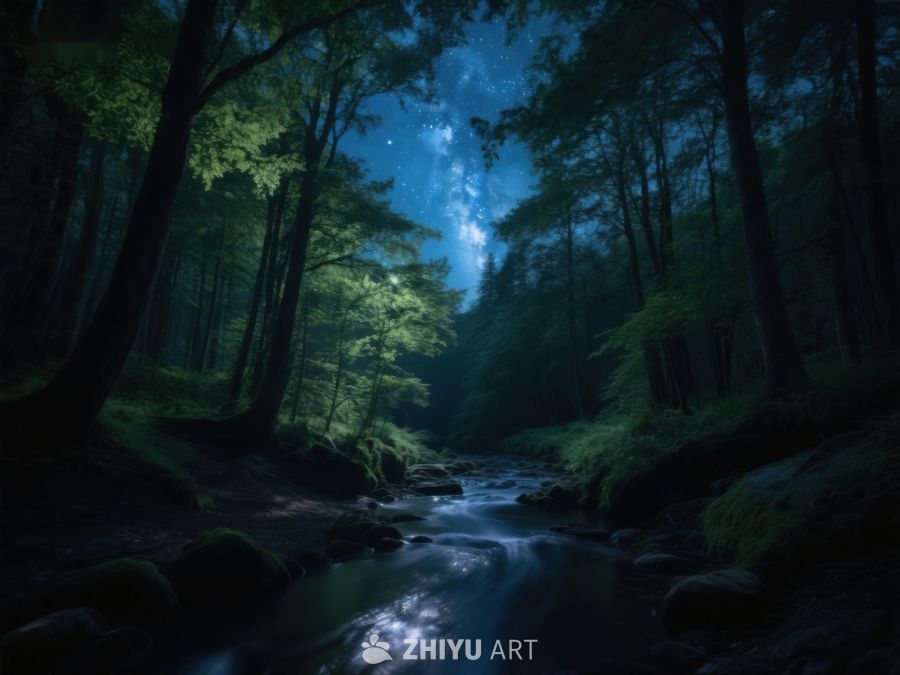 夜幕森林溪流 466