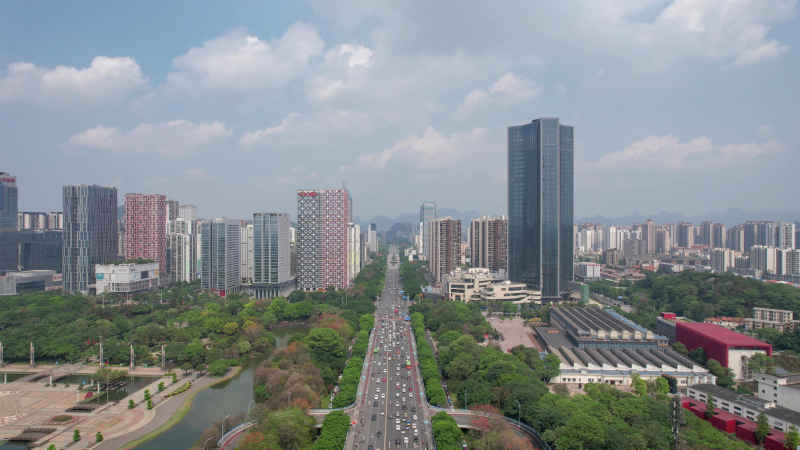 航拍广西柳州城市交通大道地标