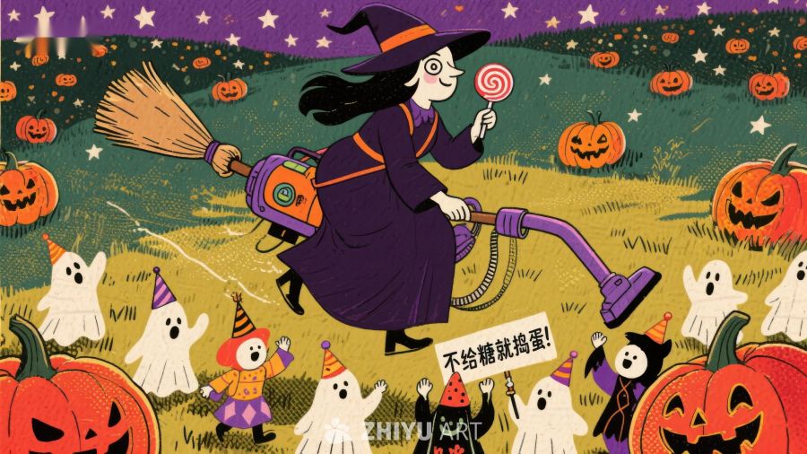 万圣节女巫骑扫帚吸糖果