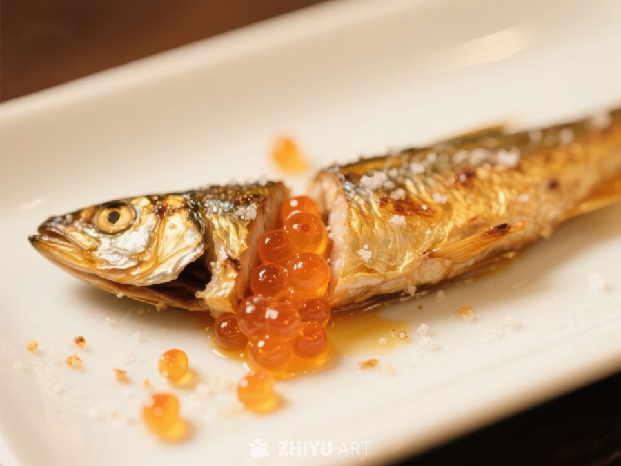 烤鱼配鱼子酱，精致美食