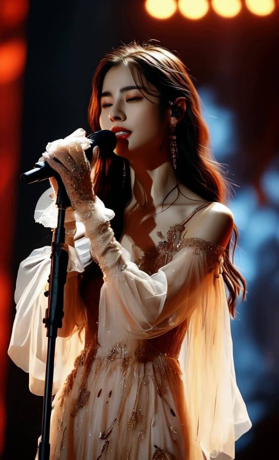 舞台上的美丽女歌手，身着纱裙深情演唱。