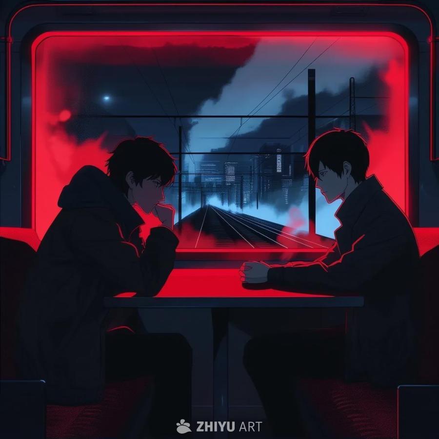 夜晚的列车车厢内，两个人面对面坐在桌旁。窗外是深蓝