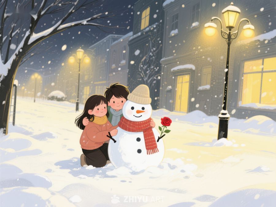冬夜雪地，孩子与雪人共度温馨时光 144