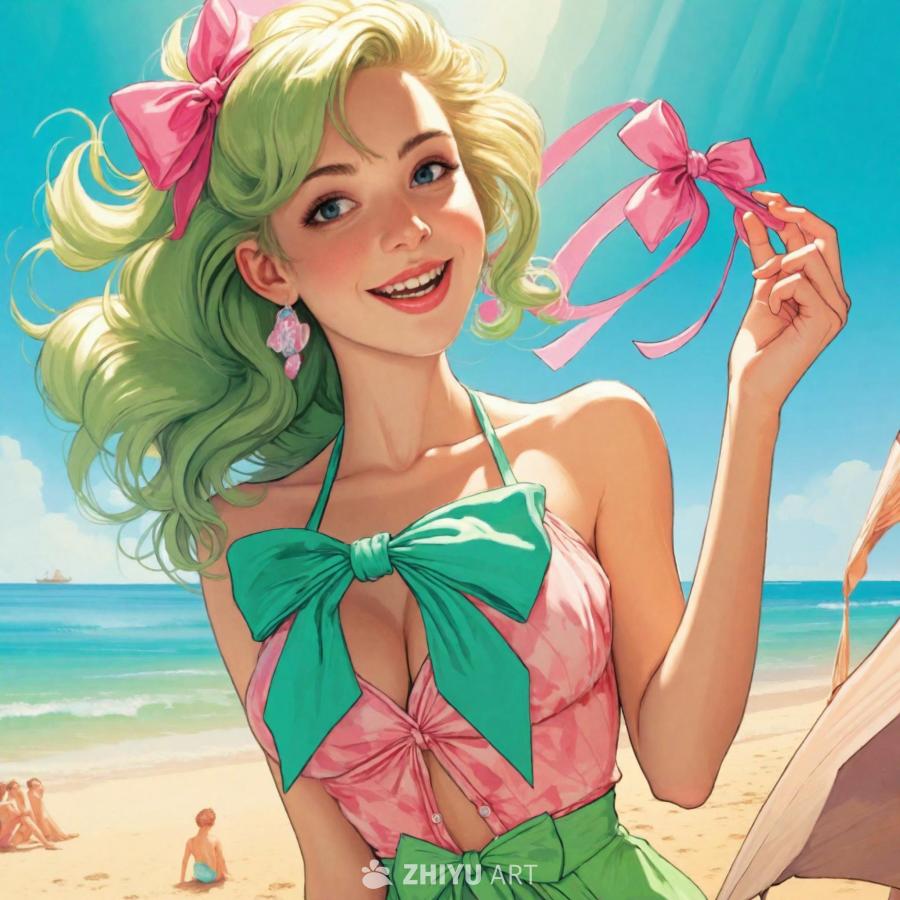 晴朗的海滩上，一位女性，她的面部特征被夸大，表情愉