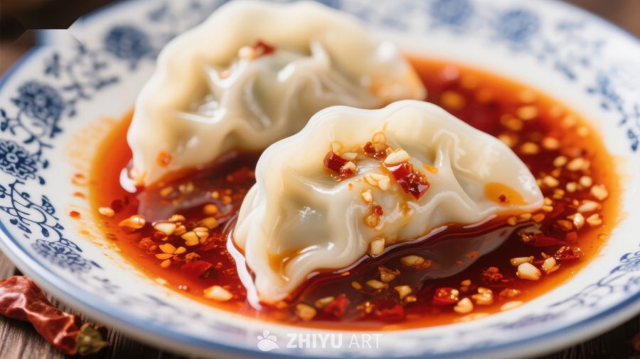热辣水饺配红油蘸料