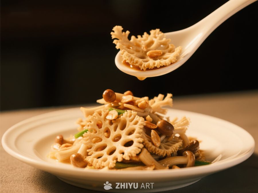 莲藕蘑菇炒菜，勺子舀起特写 796