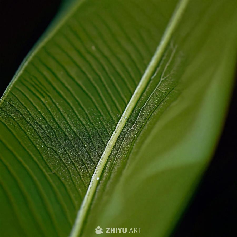一片绿色的叶子，可能来自植物或茎，镜头聚焦于叶子的