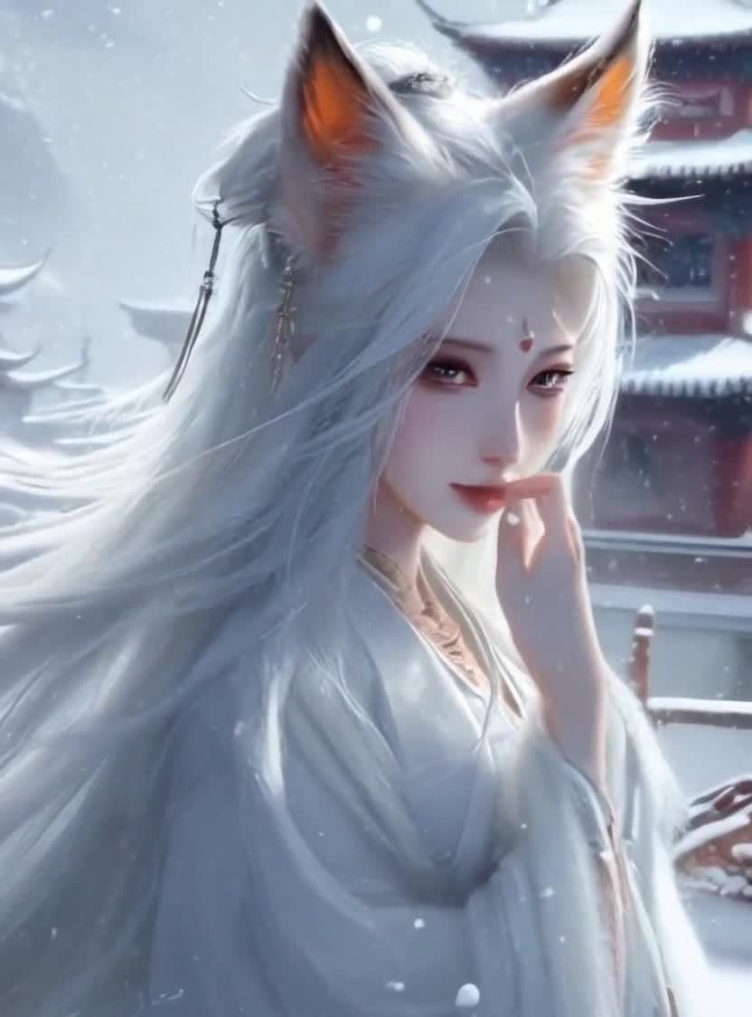 雪中狐耳白发美人，古风意境飘雪图。
