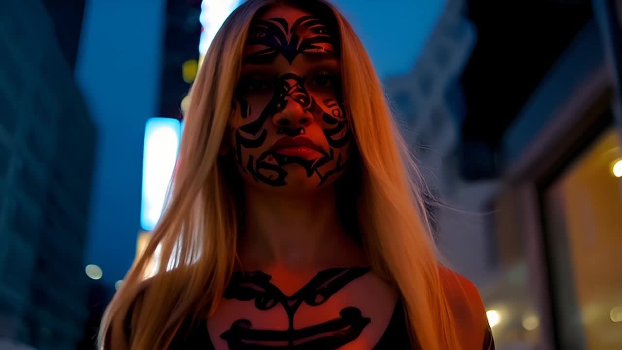 一个金发女子，脸部和身体有黑色部落图案彩绘，独自走