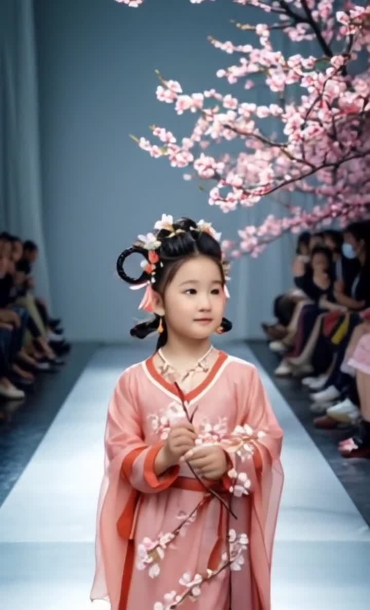在类似T台的场景中，一个穿着汉服的小女孩站在中间。