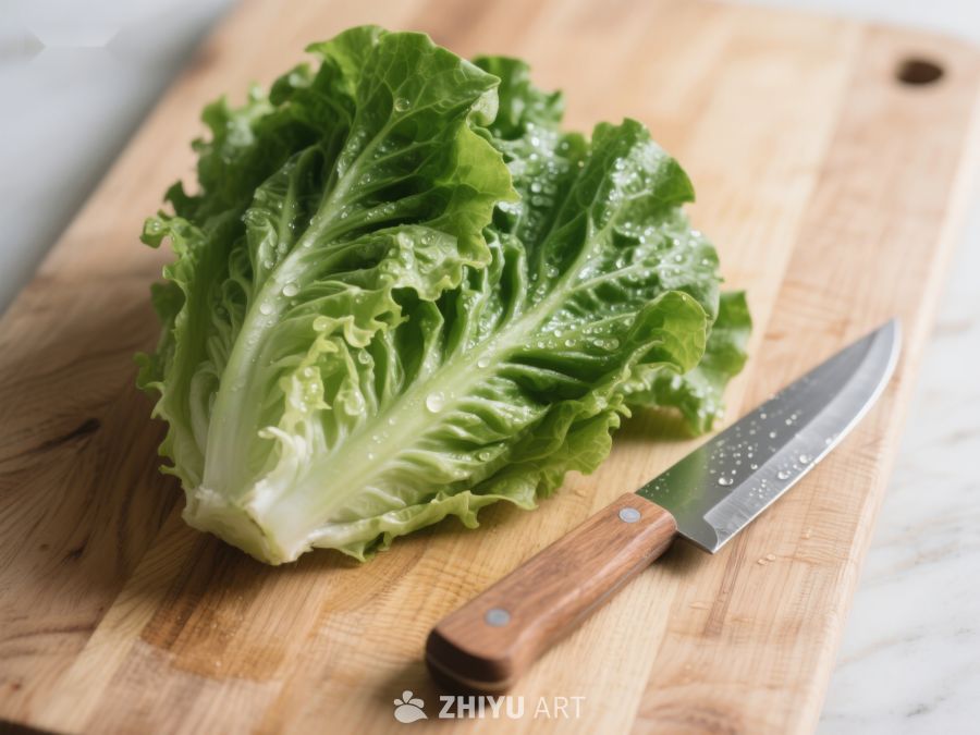 生菜与刀具置于木制砧板上 356