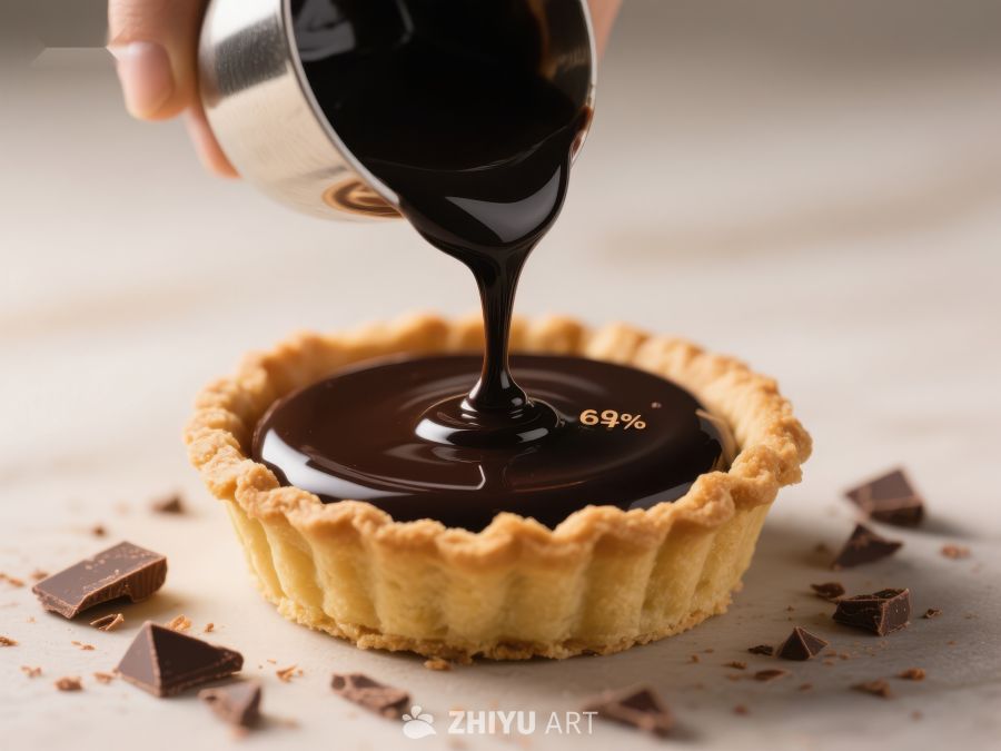 巧克力酱倒入挞壳的瞬间