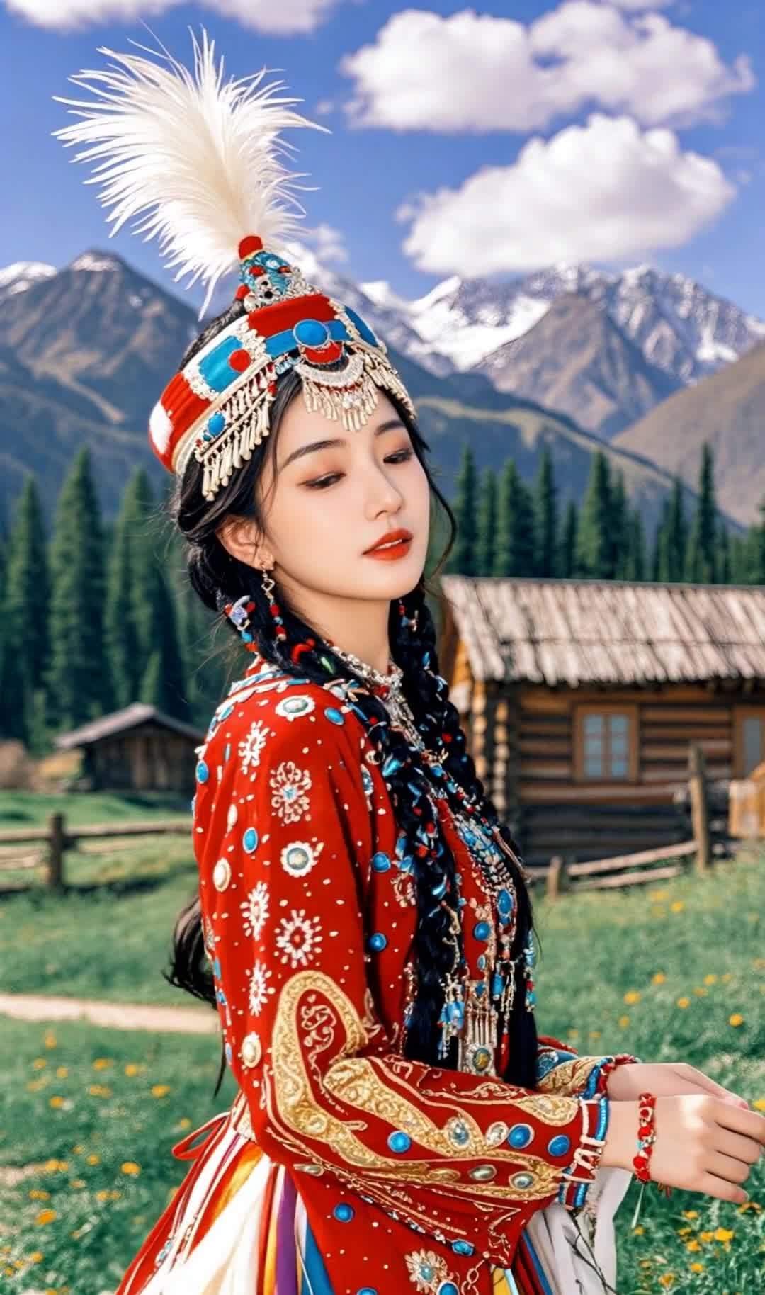 雪山木屋前的民族服饰少女
