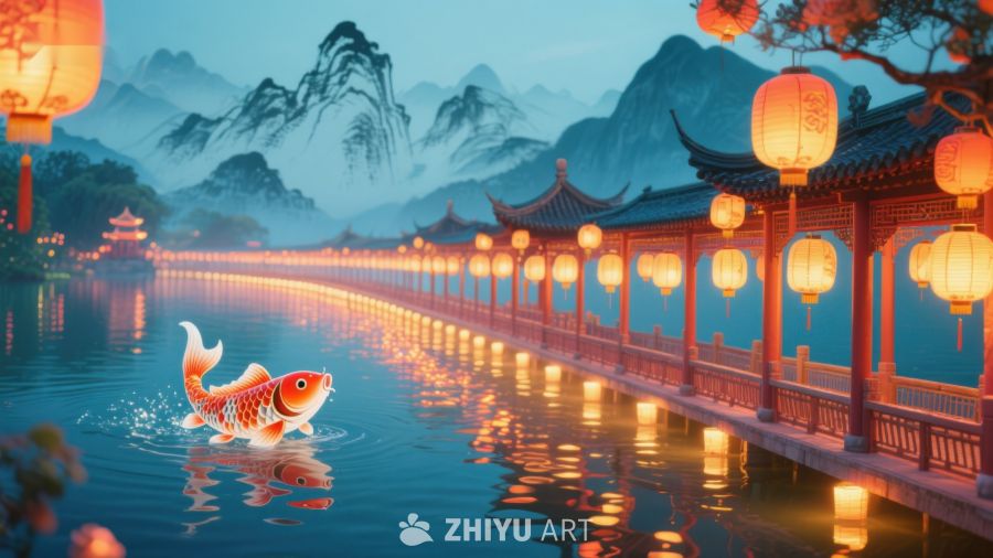 夜景古桥上的锦鲤与灯笼 866